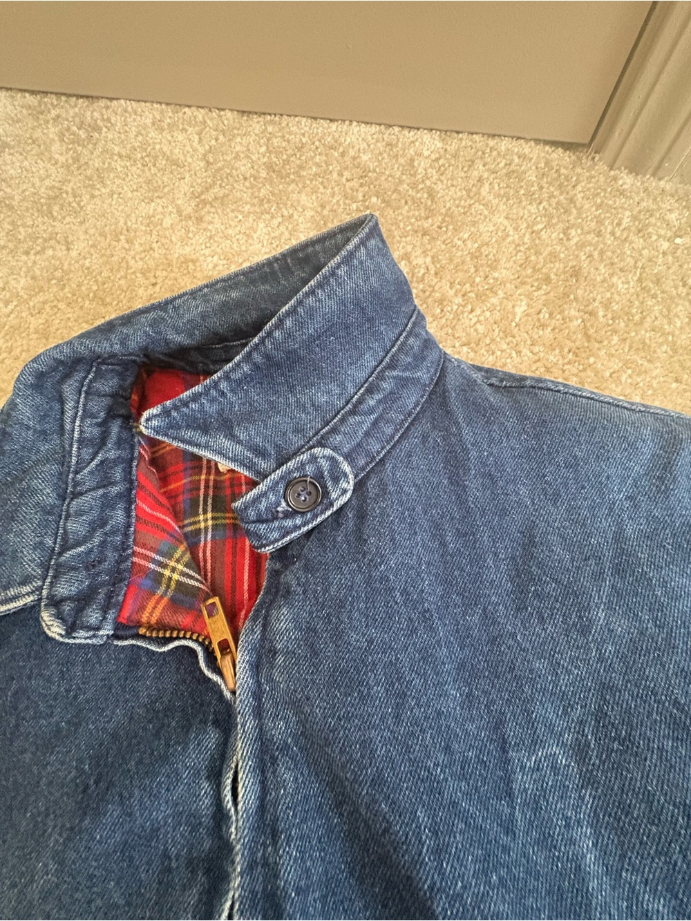 Vintage L.L. Bean Jean Denim Bomber Jacket Cotton Red Flannel Lining Size Small - Picture 10 of 16